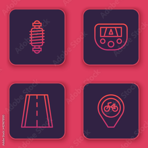Set line Bicycle suspension, lane, Gps device with map and Location bicycle. Blue square button. Vector