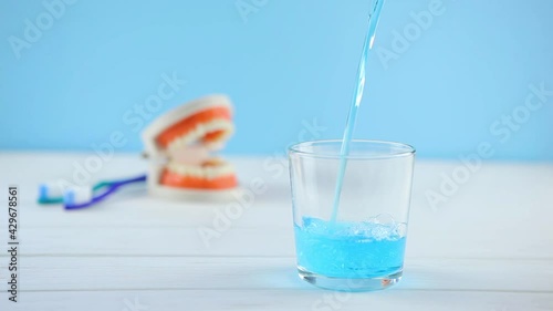 mouthwash on the table in a glass. Oral care photo