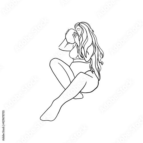 Plus size girl drinks coconut water sits on tropical leaves. Body positive concept. Attractive overweight woman in cute swimsuit. Concept for fat acceptance movement no fatphobia. Outline vector