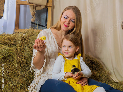 Beautiful, joyful mother with her little daughter are playing with yellow ducklings