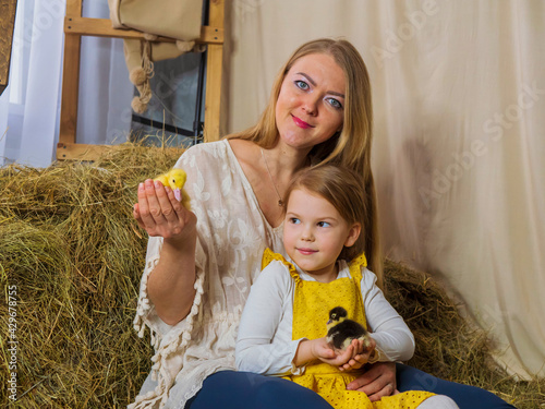 Beautiful, joyful mother with her little daughter are playing with yellow ducklings