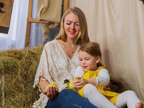 Beautiful, joyful mother with her little daughter are playing with yellow ducklings