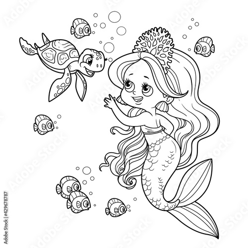 Cute little mermaid girl in coral tiara communicates with a small sea turtle outlined for coloring page isolated on white background