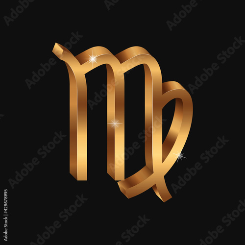 Vector realistic golden Virgo sign. 3d Zodiac symbol. Shining gold horoscope sign