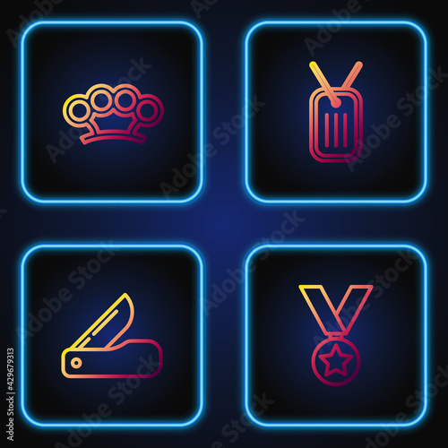 Set line Military reward medal, Swiss army knife, Brass knuckles and dog tag. Gradient color icons. Vector