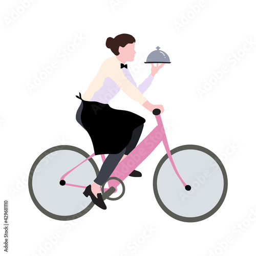 Waiter on bicycle delivers food from restaurant. Flat character isolated on white background.