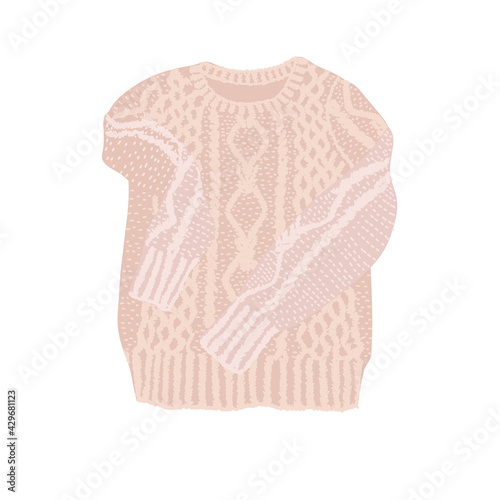 Illustration of sweatshirt in flat lay style. Knitted modern clothes in nice warm color with binding texture. It can be used as icon or design element.