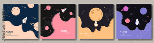 Vector illustration in abstract flat style. Minimalist color backgrounds collection. Space exploration concept. Saturn, Jupiter, Mars planets. Creative dark wallpaper. Modern design for social media