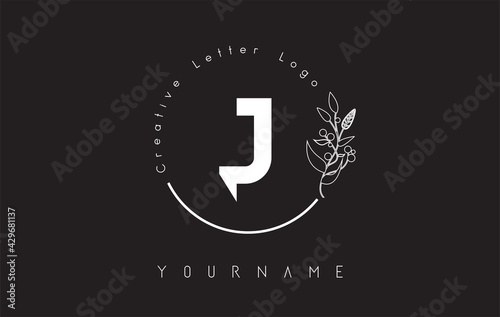 Creative initial letter J logo with lettering circle hand drawn flower element and leaf.