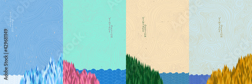 Vector illustration set. Wood surface texture. Forest near water scene. 4 seasons. Design for poster, book cover, magazine, flyer. Vintage style. Flat style wallpapers collection. Old paper effect