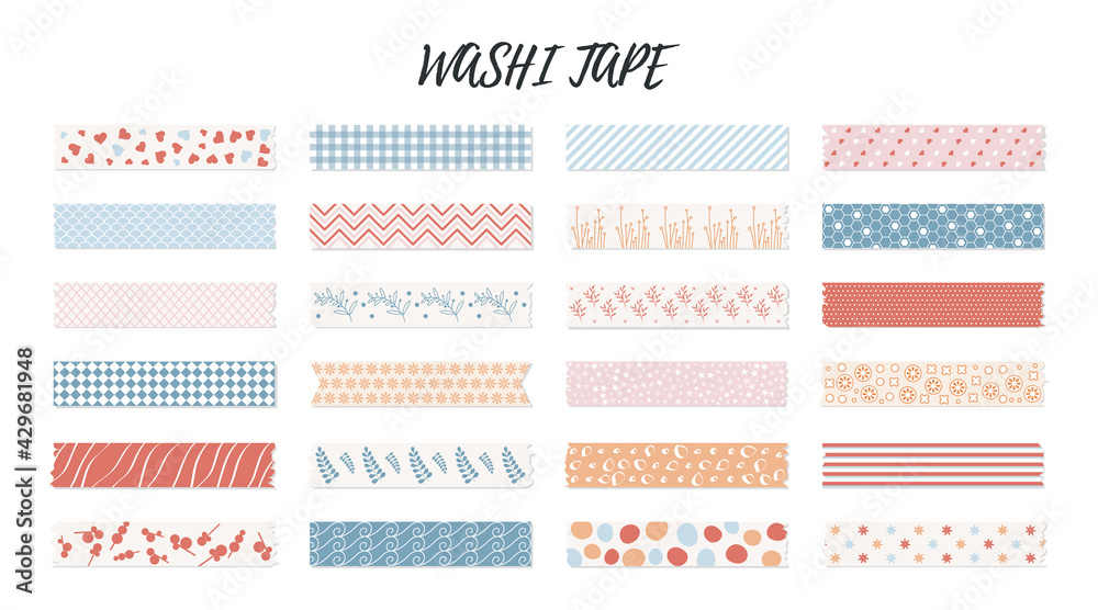Colorful washi tape strips with geometric and floral patterns. With shadow and ragged edges. Vector illustration isolated on white background. Lines circles flowers polka dots stickers for planner - obrazy, fototapety, plakaty 