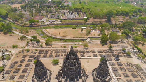 aerial view hindu temple Candi Prambanan in Indonesia Yogyakarta, Java. Rara Jonggrang Hindu temple complex. Religious building tall and pointed architecture Monumental ancient architecture, carved