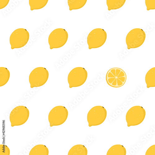 Hand drawn seamless pattern with whole lemon. Surface pattern design. Fabric print texture with eye catching element - sliced lemon © renko_art