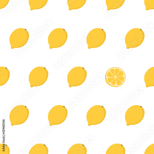 Hand drawn seamless pattern with whole lemon. Surface pattern design. Fabric print texture with eye catching element - sliced lemon