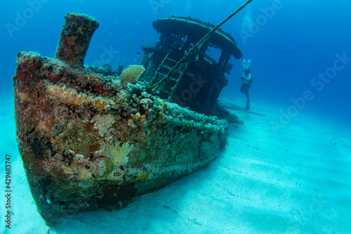Obraz na plátně Woman diver on the wreck of a small tugboat off Grand Case on the French island
