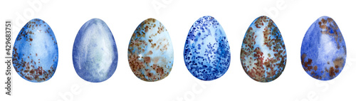 Watercolor different wild birds' eggs. Easter egg. Blue birds eggs set