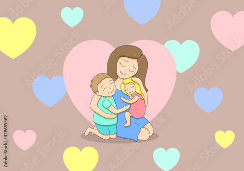 Loving tender mother with two cute happy children  teenage boy and little girl  hugging each other  pastel palette  surrounded by hearts on beige background  editable strokes  vector illustration