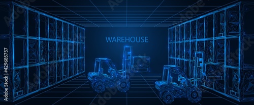 Warehouse. Distribution of cargo by forklift trucks on racks. Polygonal construction of lines and points. Blue background.