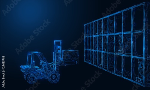 Forklift truck carries a crate of cargo. Racks with stored goods. Polygonal construction of lines and points. Blue background.