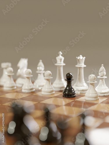 Black chess pawn infiltrated in the white army. Treason, espionage, inflitration concept. Digital 3D rendering. photo