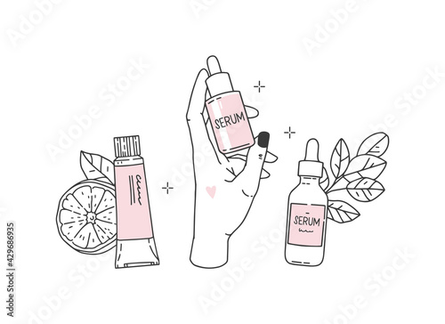 Set of vector illustrations in a minimalistic style. Modern outline drawing. Home, skincare routine. Serum, cream with leaves, and oranges. Antioxidants, peeling for glowing skin. Skincare routine.