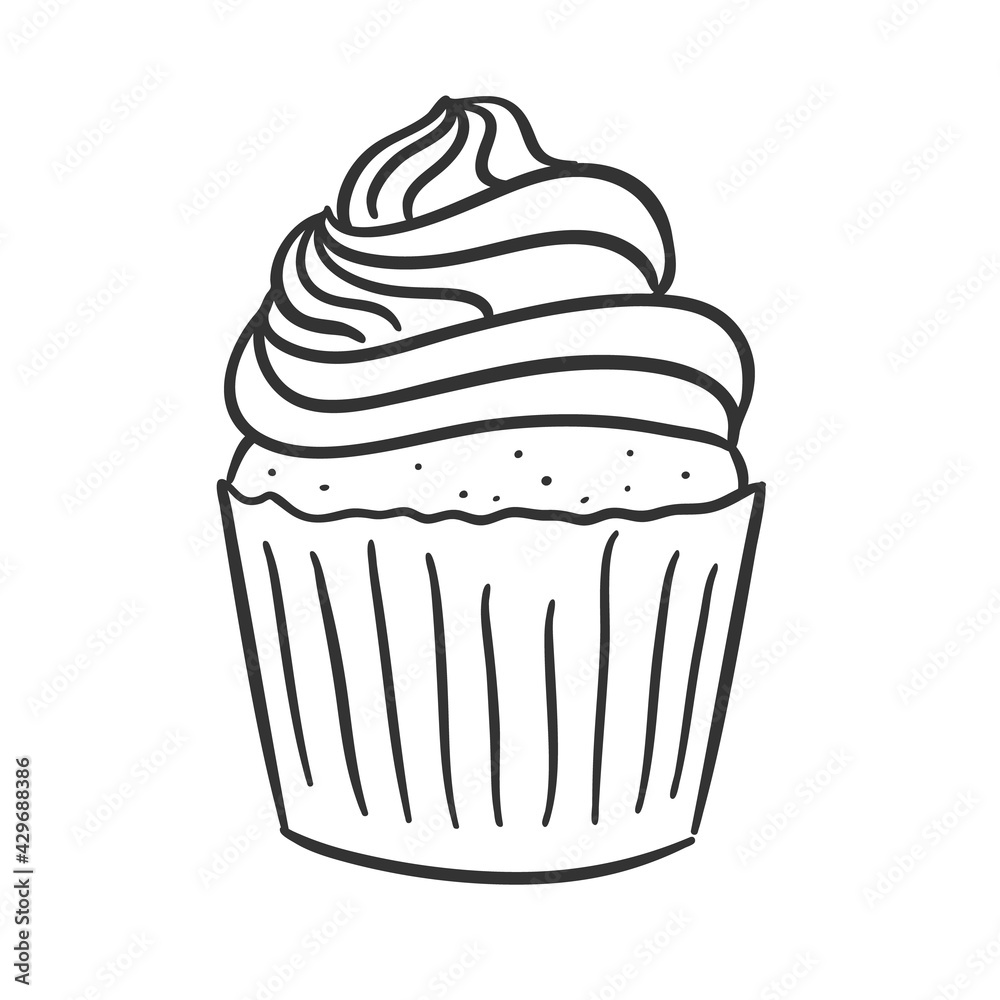 Cupcake with cream cap. Doodle line muffin isolated on white Cupcake with cream cap. Doodle line muffin isolated on white