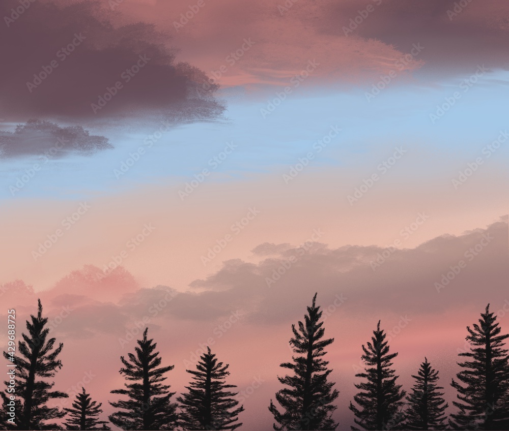 Illustration The twilight in the forest on color full skylight ,for backgrounds 