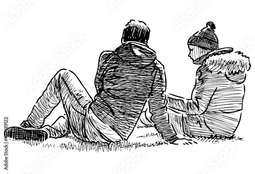 Sketch of couple young citizens resting on grass lawn in urban park,,
