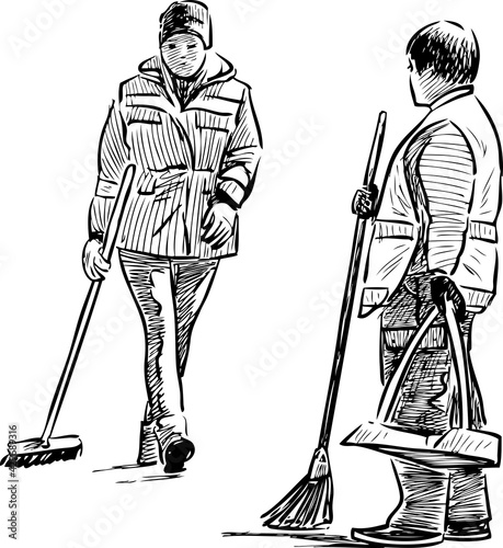 Sketches of women street cleaners with brooms and scoop