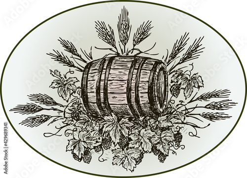 Vector drawing of beer barrel on hops branches and ears of cereals