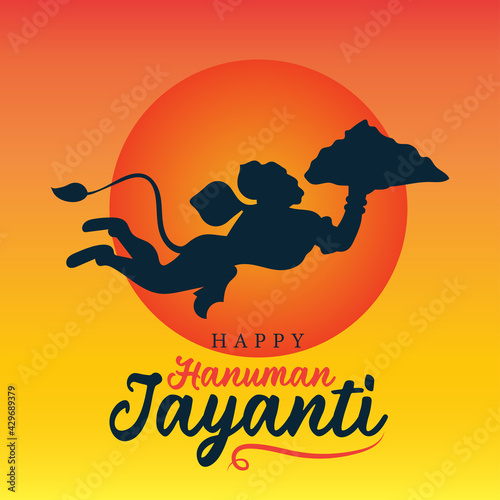 Happy Hanuman Jayanti greeting wallpaper poster vector, flying hanuman silhouette illustration banner