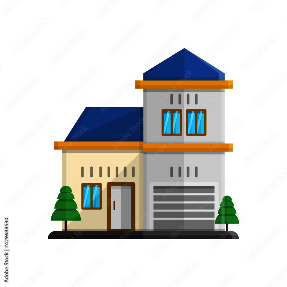 vector illustration of house decorated with blue roof elements - obrazy, fototapety, plakaty 