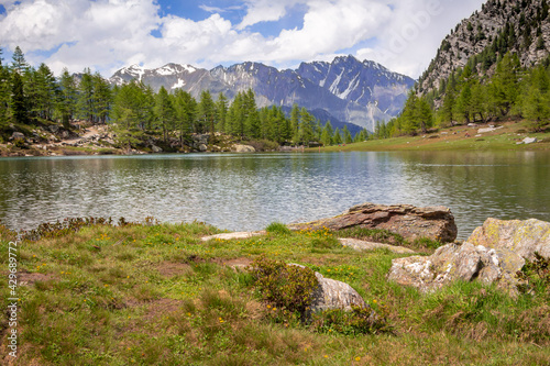 View of Lake d'Arpy. At Colle San Carlo. La Thuile, Aosta Valley, Italy