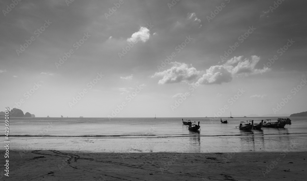 Black and white picture of Ao Nang Beach in Thailand