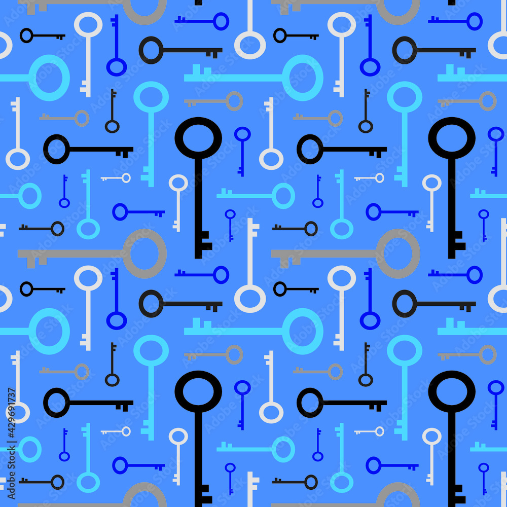 White and grey keys on blue background. Simple style seamless pattern. Vector illustration. White and grey keys on blue background. Simple style seamless pattern. Vector illustration.
