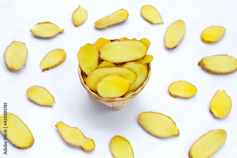 Ginger slices on a white background. Ginger slices on a white background.