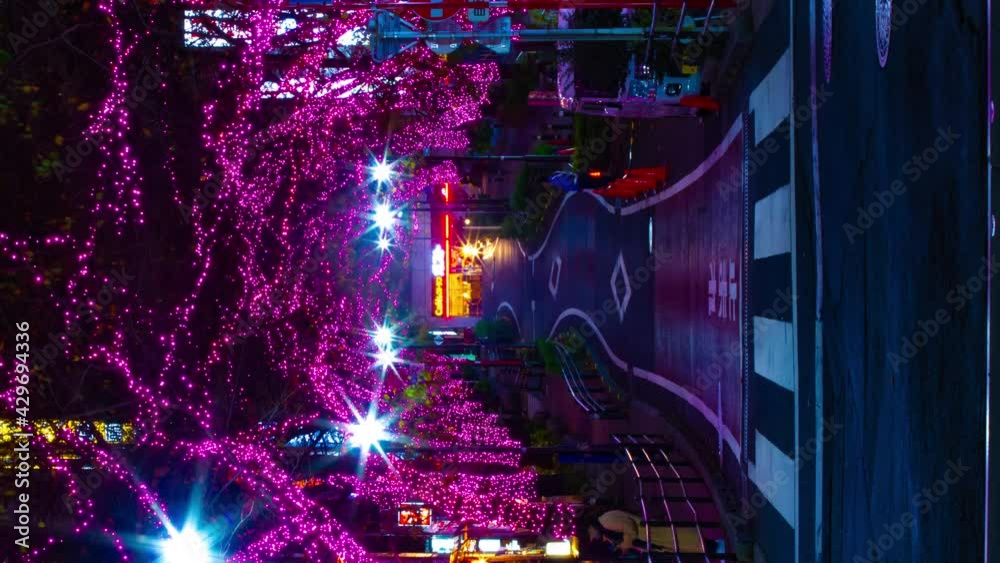 A night timelapse of the illuminated street in Shibuya vertical shot panning