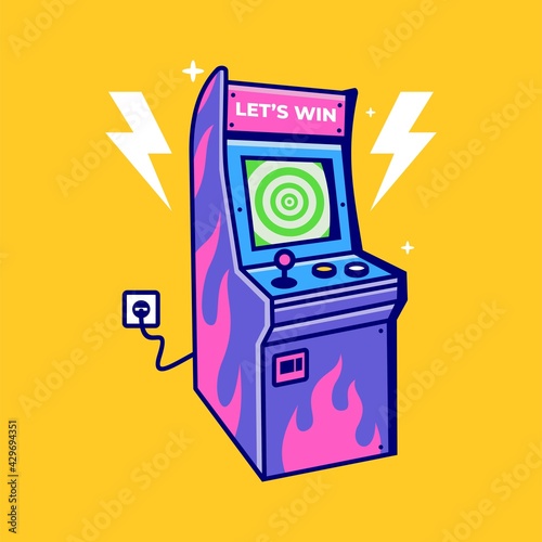 Vintage arcade game machine vector icon illustration. Old video game play