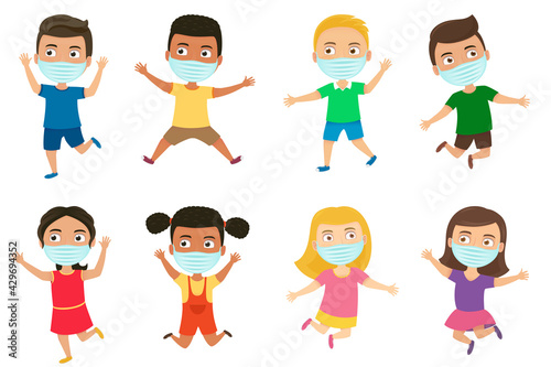 Protection against viruses and bacteria. Boy and girl with face masks are healthy, rejoicing and jumping.