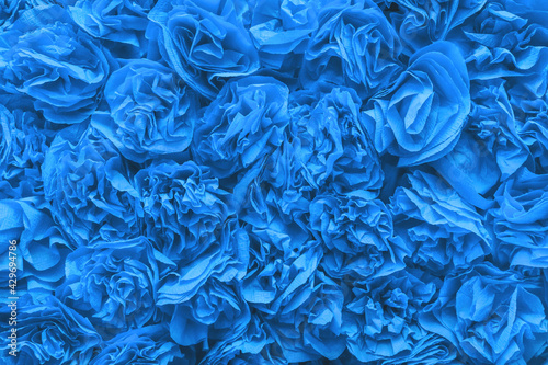Blue vintage paper roses texture background, abstract pattern wallpaper, flowers handmade