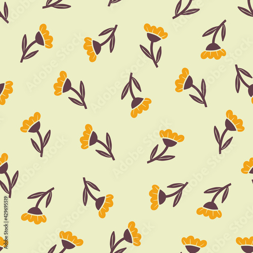 Hand drawn seamless pattern of simple yellow flower. Doodle sketch style. Flower pattern for floral shop, wallpaper, background, textile design