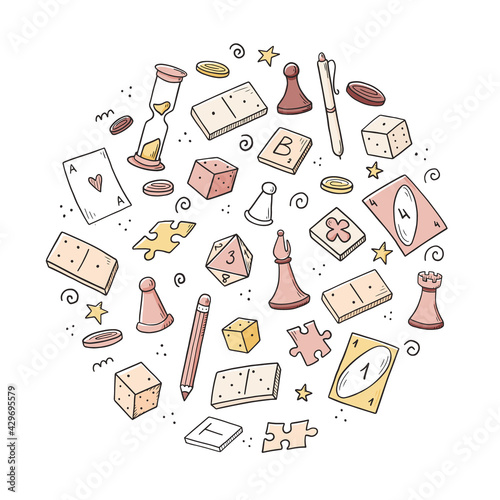 Hand drawn set of board game element, cards, chess, hourglass, chips, dice, dominoes. Doodle sketch style. Isolated vector illustration for board game shop, store, game competition.