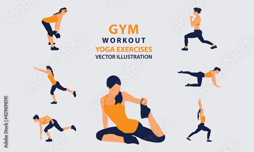 People doing yoga illustration gym workout isolated fitness exercise vector. sportswear healthy Woman training, fitness, gymnastics, bodybuilding, lifting, yoga exercises, muscles, Lunges and squats.