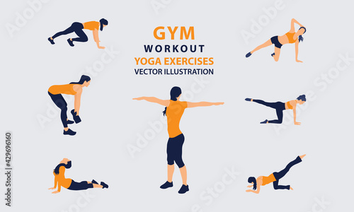 People doing yoga illustration gym workout isolated fitness exercise vector. sportswear healthy Woman training, fitness, gymnastics, bodybuilding, lifting, yoga exercises, muscles, Lunges and squats.