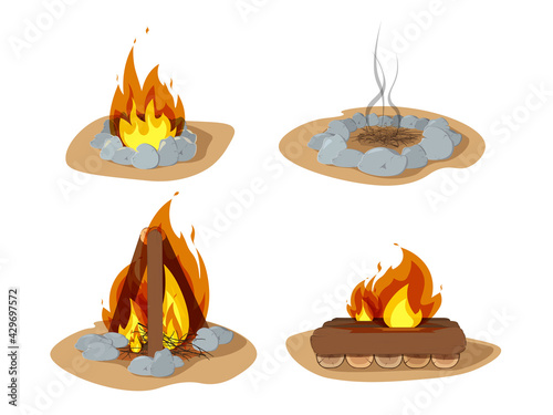 Campfire and firewood set isolated on white. Outdoor bonfire, fire burning wooden logs and camping stone fireplace. Firewood flames, burn campfire or bonfire flame fireplace.
