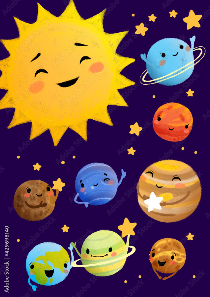 Cute cartoon Solar System poster on dark background with stars. Colorful bright set of smiley planets hand drawn illustration. High quality illustration. Children nursery, baby shower print