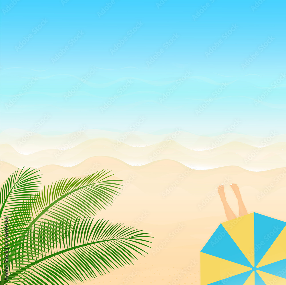 Vector illustration. Ocean from above. Banner, site, poster template. Paradise beach with waves and umbrella.