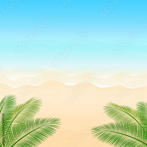 Vector illustration. Ocean from above. Banner  site  poster template. Paradise beach with waves and palm leaves.