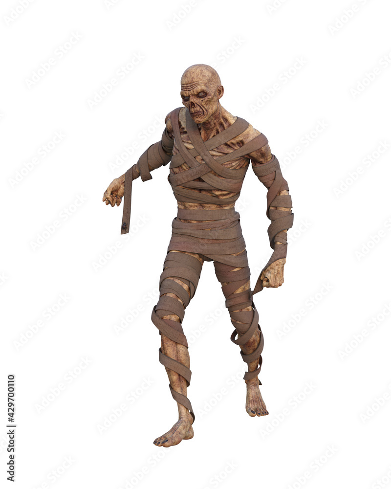 3d illustration of a fantasy mummy monster chasing isolated on white. 3d illustration of a fantasy mummy monster chasing isolated on white.