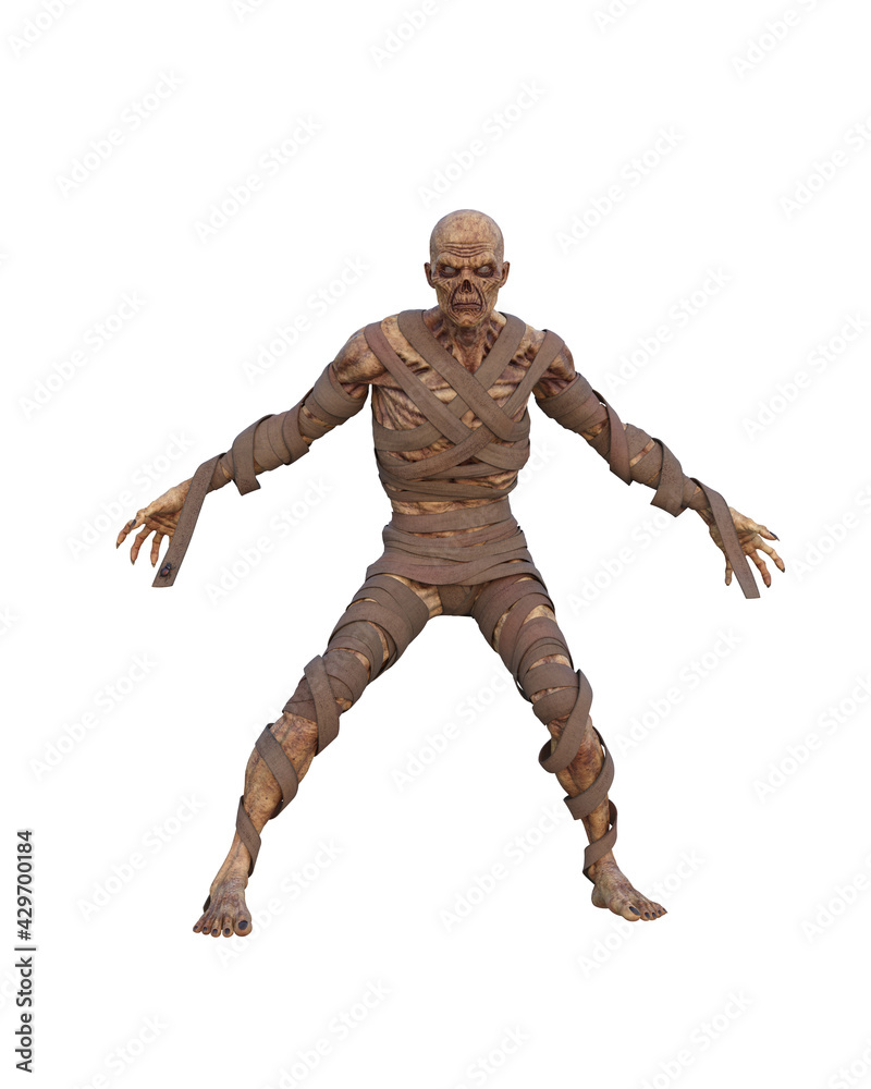 3d illustration of a fantasy mummy monster standing with spread arms isolated on white. 3d illustration of a fantasy mummy monster standing with spread arms isolated on white.
